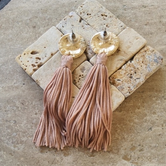 Gold and Tan Tassle Earrings - Picture 2 of 6